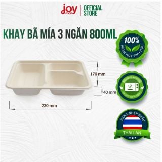 [MUA 200 CÁI GIẢM 10%] 50 khay hộp cơm bã mía 3 ngăn Gracz Thái Lan 800ml, gói 50 cái