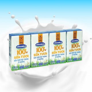Sữa tươi tiệt trùng 100% Vinamilk ít đường, lốc 4 hộp, 110ml