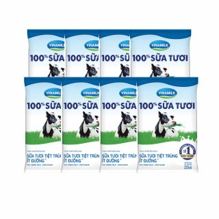 Sữa tươi tiệt trùng 100% Vinamilk ít đường, lốc 8 bịch, 220ml