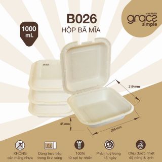 50 hộp cơm bã mía 8 in Gracz Thái Lan 1 ngăn 1.000ml, gói 50 cái