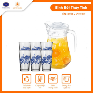 Bộ bình và 6 ly TT Lotus Glass VTC502 in men xanh hoàng gia - Bình 1.3L & ly 280ml