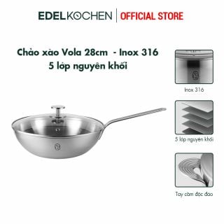 Chảo xào inox 316 - 5 lớp nguyên khối cao cấp Edelkochen Vola Collection 28 cm - Màu Satin