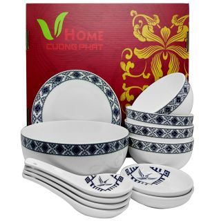 Bộ 12 món Lạc Việt  ( 1 dĩa 18cm , 1 tô 18cm , 4 chén 11.5cm , 2 chén chấm 9cm , 4 muỗng 13cm )