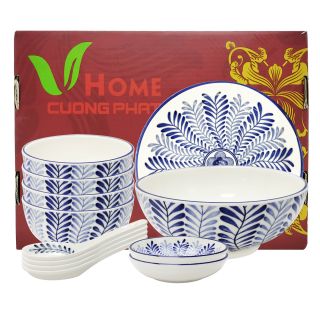 Bộ 12 món lá xanh coban ( 1 dĩa 18cm , 1 tô 18cm , 4 chén 11.5cm , 2 chén chấm 9cm , 4 muỗng 13cm )