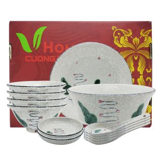 Bộ 12 món Phun Vẽ Lá ( 1 dĩa 17.5cm , 1 tô 17cm , 4 chén 12.4cm , 2 chén chấm 9.5cm , 4 muỗng 13cm )