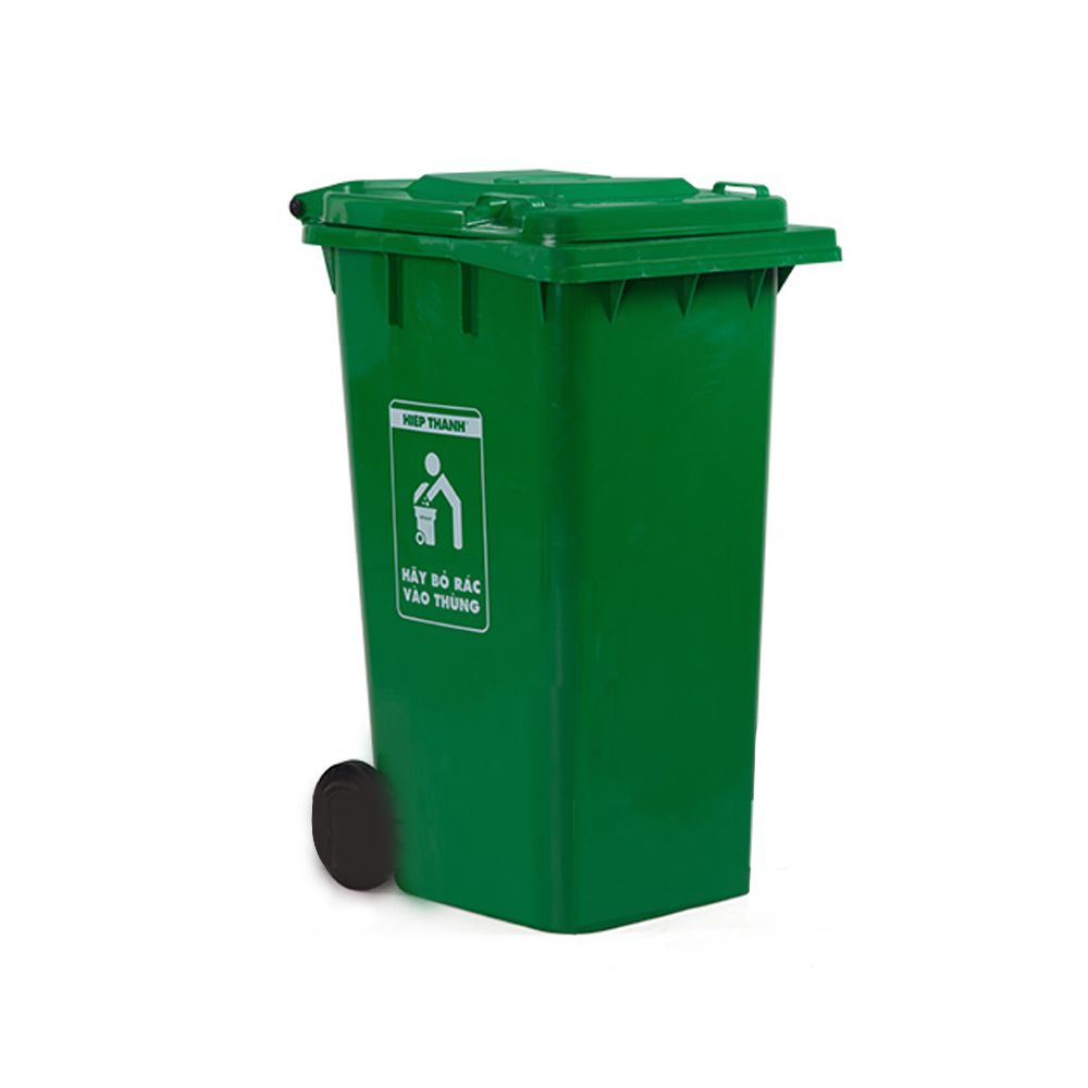 Thùng rác công nghiệp Hiệp Thành xanh lá nắp kín, 240 lít